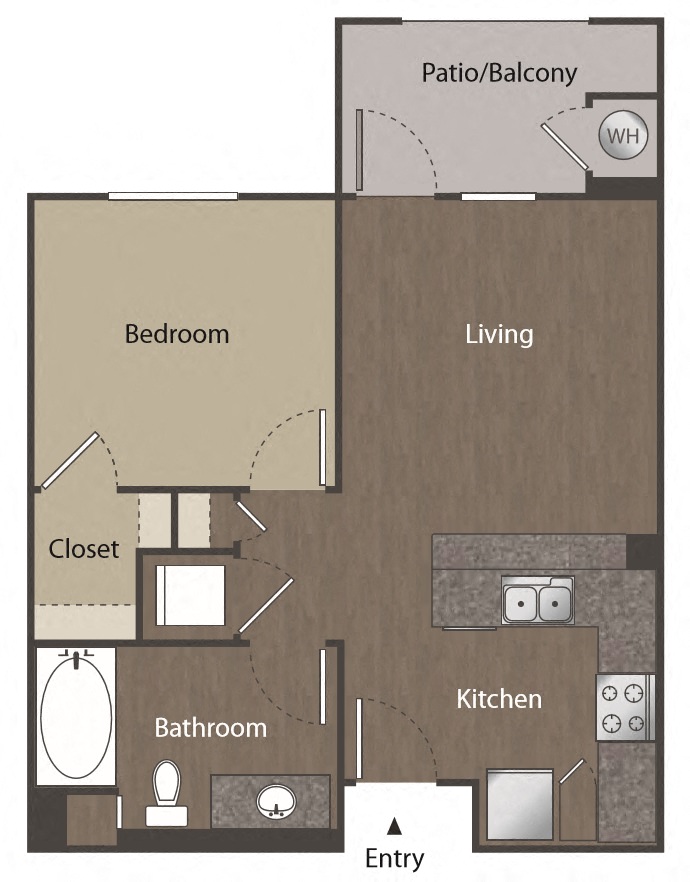 Floor plan for 1 bed, 1 bath, 589 sqft